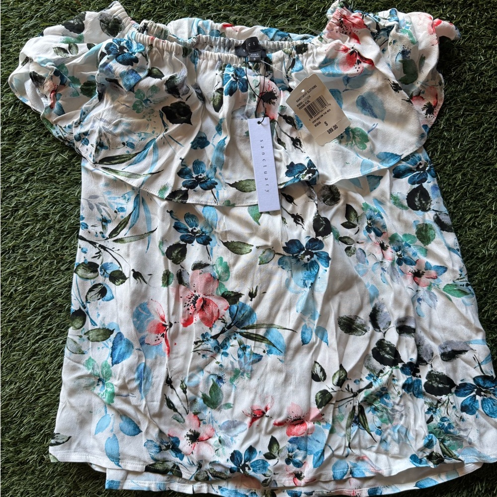 NWT Sanctuary Floral Off-Shoulder Blouse - Blue, Red, Green on White
